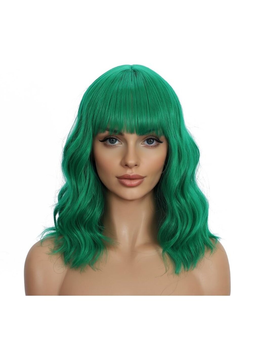 Women's Lime Green 14 Inch Heat Resistant Synthetic Short Wavy Bob Wigs Bangs